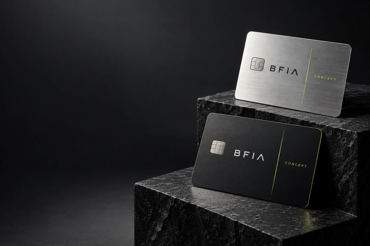 Silver and graphite BFIA concept cards on sculptural black plinths.