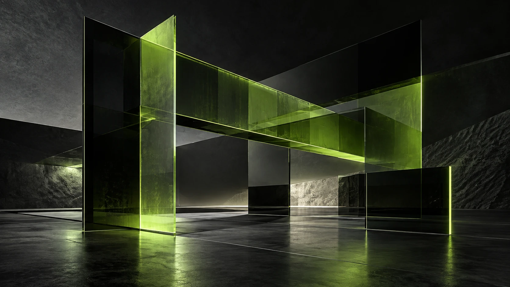 Original abstract study of connected translucent planes, illuminated in lime green.