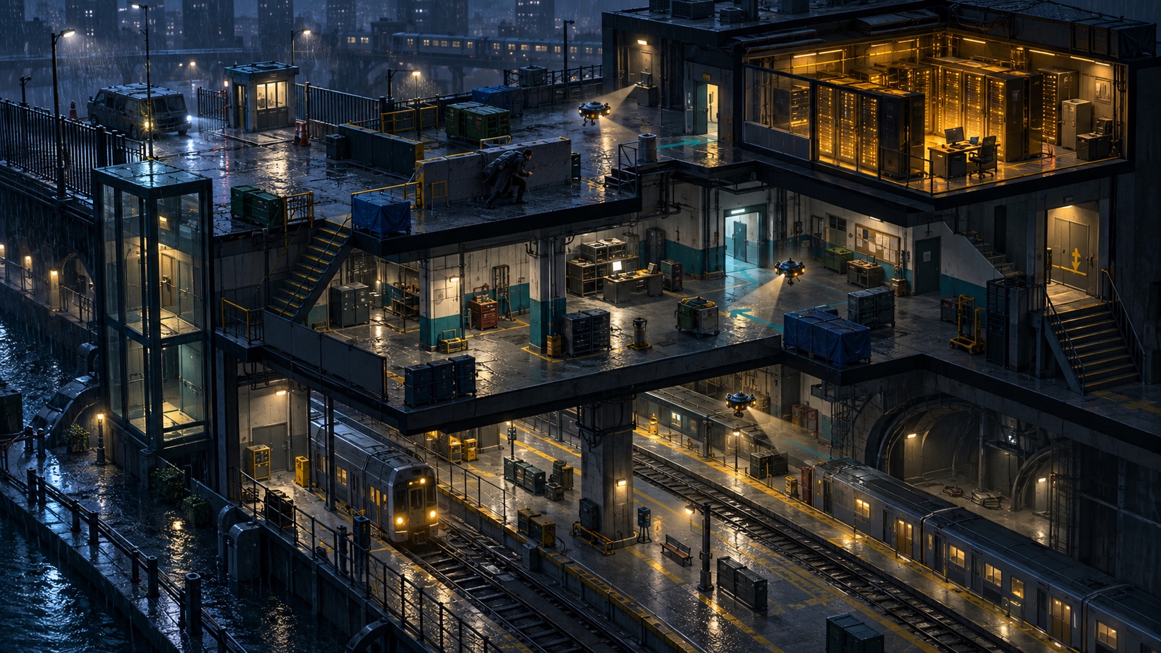 Original isometric transit depot concept with a server room, rooftop cover, drones and multiple approaches