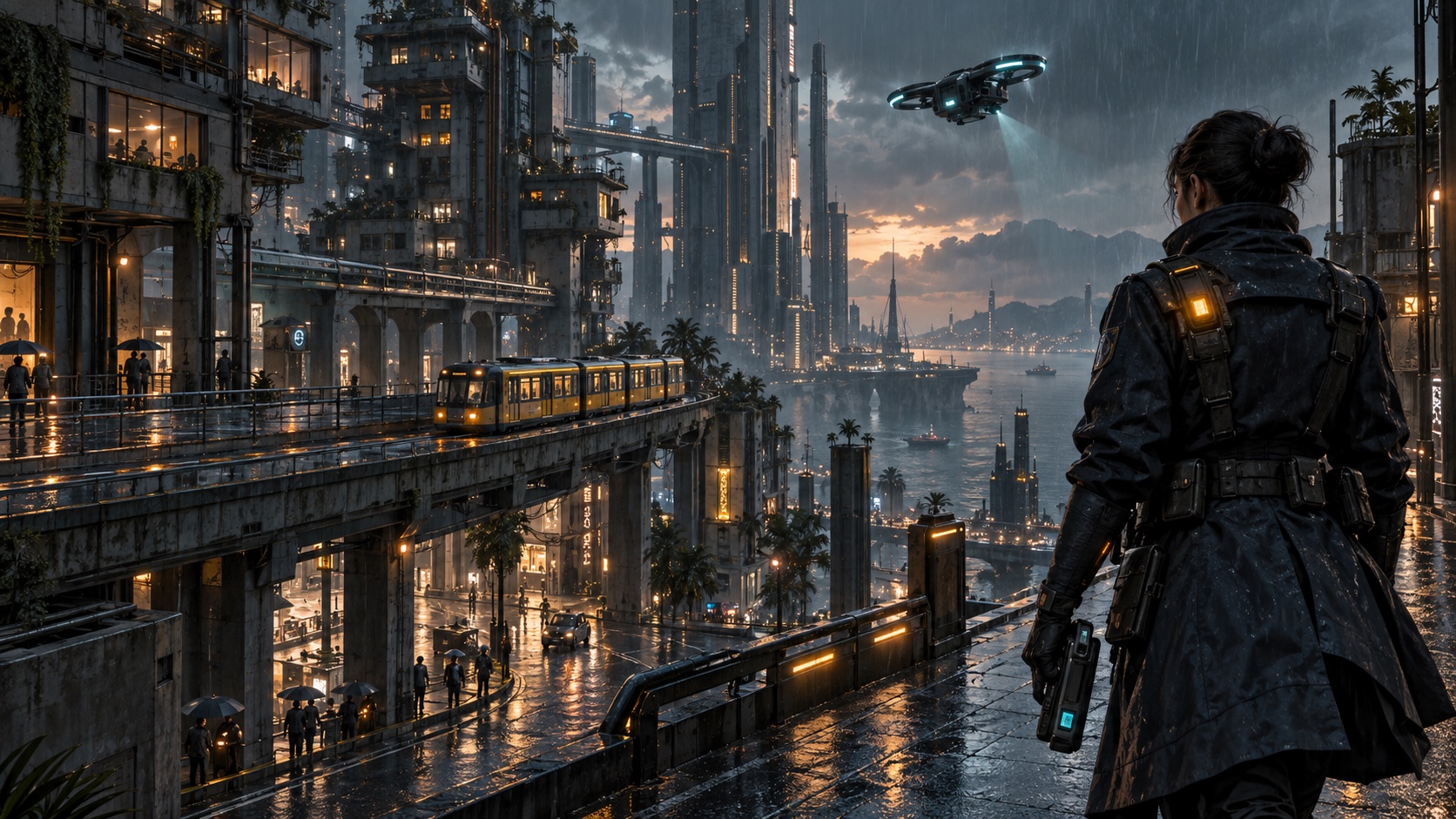 A city investigator overlooks a rainy coastal metropolis and elevated yellow tram.