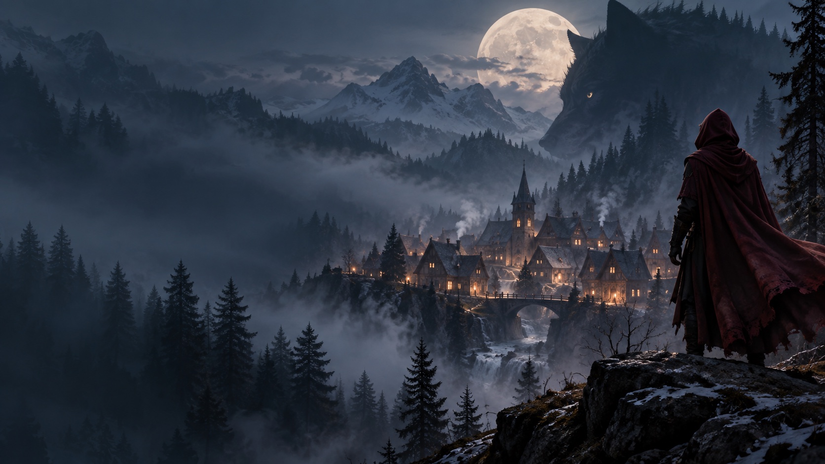 An original moonlit village nestled beneath misty mountains, watched over by a cloaked stranger and a wolf-shaped shadow.